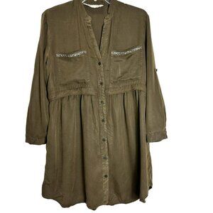 Zara Olive‎ Green Long Sleeve Button Front Beaded Shirt Dress Pockets Small